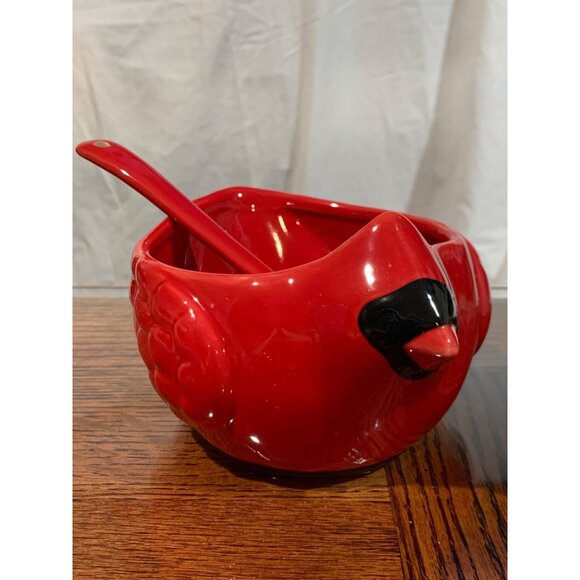 Red Ceramic Cardinal Serving Bowl With Matching Spoon By DEMDACO NWT - Picture 2 of 7